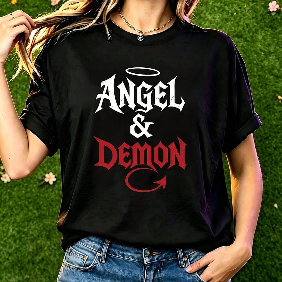 Halloween Women's T-Shirt Black Casual Short Sleeve Crew Neck T-Shirt With Angel And Devil Print - Black - View 1