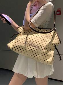 刺繡波點托特包，Y2K甜酷風，大容量通勤單肩包，無吊飾，無吊飾 - 杏色 - 查看 3