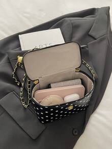 Women's Polka Dot PU Square Box Handbag, Metal Top Handle Chain Crossbody Bag, Vintage Makeup Bag Style Shoulder Bag - Black - View 8