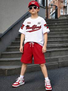 Tween Boy Cartoon Print Short Sleeve T-Shirt And Shorts Summer Set - White - View 1