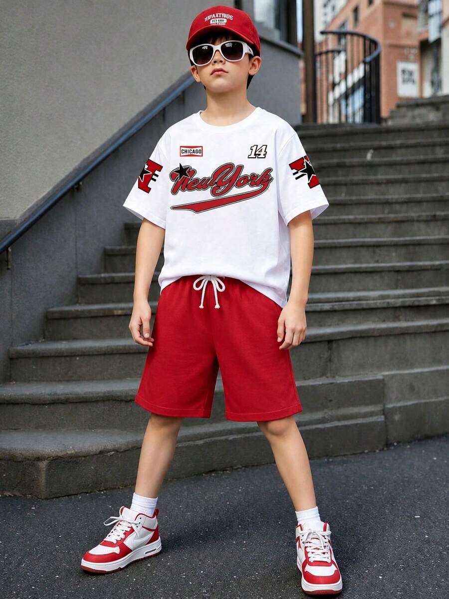 Tween Boy Cartoon Print Short Sleeve T-Shirt And Shorts Summer Set - White - View 1