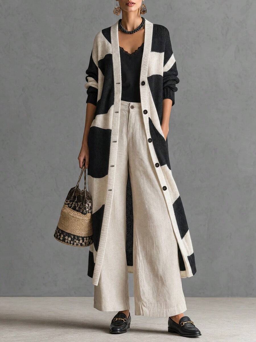 Women's Fashionable Casual Minimalist Color Blocked Jacquard Single Breasted Long Cardigan Jacket - Color - View 1