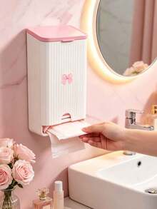 Cute Bow Wall-Mounted Tissue Box, Bathroom Sanitary Napkin Storage Box, Vertical Striped Textured Shell, No-Drill Adhesive Wall Installation. Smooth Dispensing Opening, Can Hold Face Towels And Tissues, Flip-Top Design For Easy Refill. White And Pink Contrast Color Girly Style, Suitable For Bathroom Vanity, Frees Up Countertop Space, Practical Home Storage For Face Towels And Tissues. - Multicolor - View 2