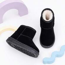 1 Pair Kids Black Plush Lined Minimalist Snow Boots, Suitable For Autumn/Winter Outdoor Play - Black - View 5
