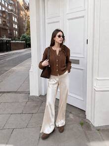 Women Fall Winter Brown Knit Cardigan, Round Neck Button Front Long Sleeve Casual Coat For Daily Wear & Date Outfits - Brown - View 2