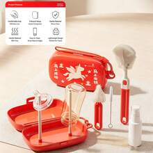 Portable Baby Bottle Brush Set, Includes Bottle Brush, Nipple Brush, Straw Brush, Drying Rack And Storage Box, Suitable For Travel Or Outings - Red - View 3