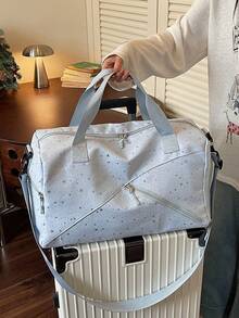 Women's Large Capacity Travel Luggage Bag With Starry Print Pattern, Multiple Exterior Pockets, Fabric Material, Detachable Adjustable Wide Strap, Multi-Compartment Storage With Multiple Zippers, Fresh Minimalist Style, Versatile Handheld Crossbody Sports Bag For Short Trips, Fitness, Outings, School, Commuting - View 8
