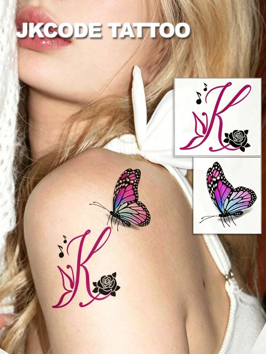 JKCODE TATTOO 2 Pcs Realistic 3D Butterfly With Letter M, Letter A, Letter K, Washable Temporary Tattoo Sticker With Rose And Letter, Shoulder And Arm Tattoos. Sweet, Cool, Romantic Design. Simple, Adorable, And Quirky Colored Print Tattoo Sticker Last 3-5 Days - Multicolor - View 1