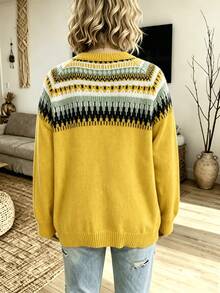 Plus Size Women's Fair Isle Knit Sweater, Autumn/Winter Round Neck Long Sleeve Geometric Pattern Loose Casual Pullover - Yellow - View 5