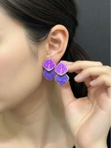 2pcs Geometric Chic Enamel Cube Stud Earrings, Minimalist & Earrings For Women - Blue - View 5