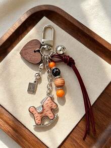Vintage Wooden Horse Heart Keychain, Handmade Beaded Leather Rope Pendant, Versatile Bag Charm Accessory Small Gift, Suitable For Backpack Charm, Daily Bag Decoration, Holiday Party Gift, Back To School Gift, Women's Keychain, Car Keychain, Keychain Making Materials, Men's Keychain, Backpack Charm Keychain, Keychain, Keychain Pendant, Keychain Coin Purse, Bulk Keychains, Keychain Set, Keychain Accessories - Multicolor - View 2