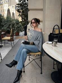 Women's Autumn Casual Cold Shoulder Knit Cape Top, Grey Tone Cream Floral Embroidered Batwing Sleeve Outwear - Grey - View 8