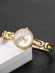 Women's Bracelet Watch, Round Dial With Rhinestones, Simple Scale, Elegant Quartz Watch, Gift For Girlfriend (1pc/Set), Watch Box Not Included - Gold - View 6