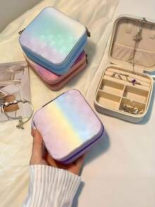1pc Portable Travel Mini Jewelry Box, Leather Jewelry Ring Storage Box, Gradient Color Grid Storage Box, Gift Box, Jewelry Box, Meets Daily Jewelry Storage And Travel Needs, Mini Storage Box Can Be Shared With Family, Convenient For Daily Use. - Multicolor - View 2