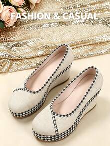 Women's Linen Trim Round Toe Wedge Pumps, Vintage Casual Thick Sole Height-Increasing Shoes For Spring/Summer Commute - Beige - View 1