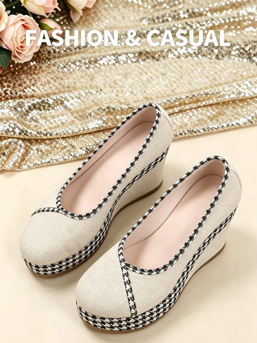 Women's Linen Trim Round Toe Wedge Pumps, Vintage Casual Thick Sole Height-Increasing Shoes For Spring/Summer Commute - Beige - View 1
