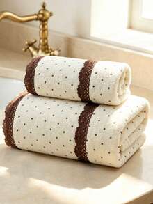 2/1pc Approx. 13.8*29.6in/27.6*55in Fashion Polka Dot Coral Fleece Thickened Towel, Bath Towel, Elegant Vintage Brown Lace Trim, Super Soft Highly Absorbent Quick Dry, Suitable For Home Bathroom Shower, Beach, Spa, Back To School Season - Beige - View 14