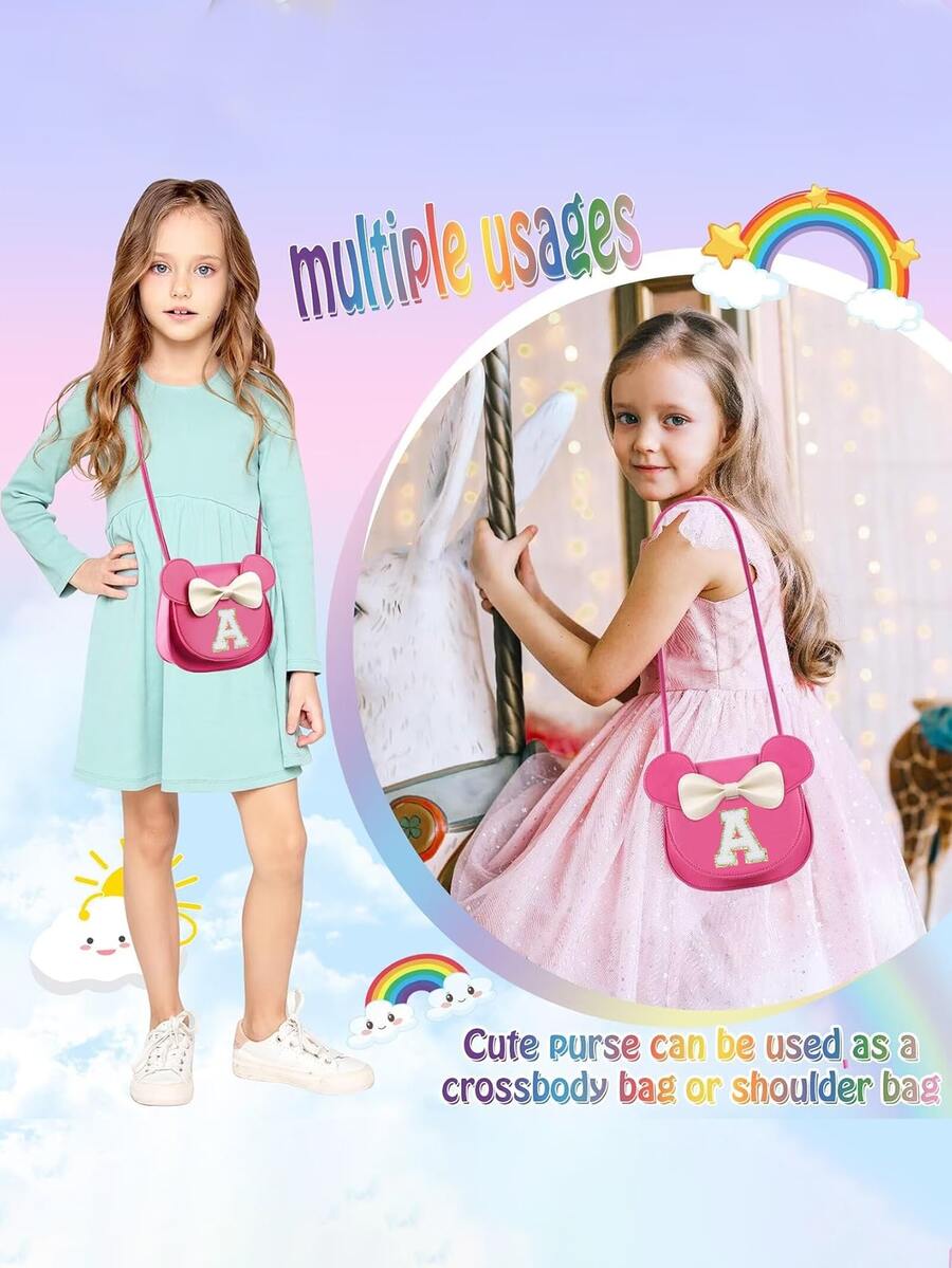 1pc Girls' Popular Cartoon Ear Crossbody Bag, Bowknot Towel Letter Small Purse, Cute Princess Coin Purse Gift For Girls - Hot Pink - View 1