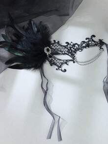 Vintage Gothic Black Lace Feather Masquerade Mask With Rhinestone Chain Eye Cover, Women's Halloween Party Wedding Cosplay Costume Accessory - Multicolor - View 5