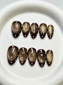 10Pcs Handmade Reusable Cat Eye Press On Nails - Macaron French Tips With Tool Kit, Perfect For Beach Vacation Wedding Party | Summer Must-Have - Mocha Brown - View 2