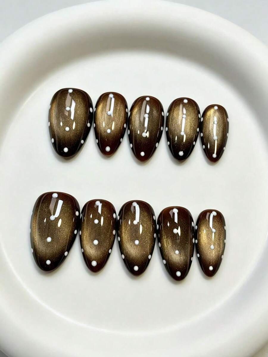 10Pcs Handmade Reusable Cat Eye Press On Nails - Macaron French Tips With Tool Kit, Perfect For Beach Vacation Wedding Party | Summer Must-Have
