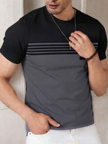 New Summer Men's Sports T-Shirt | Black & Grey Color Block Stripes, Loose Fit | Breathable & Comfortable, Versatile For Running - Grey - View 2