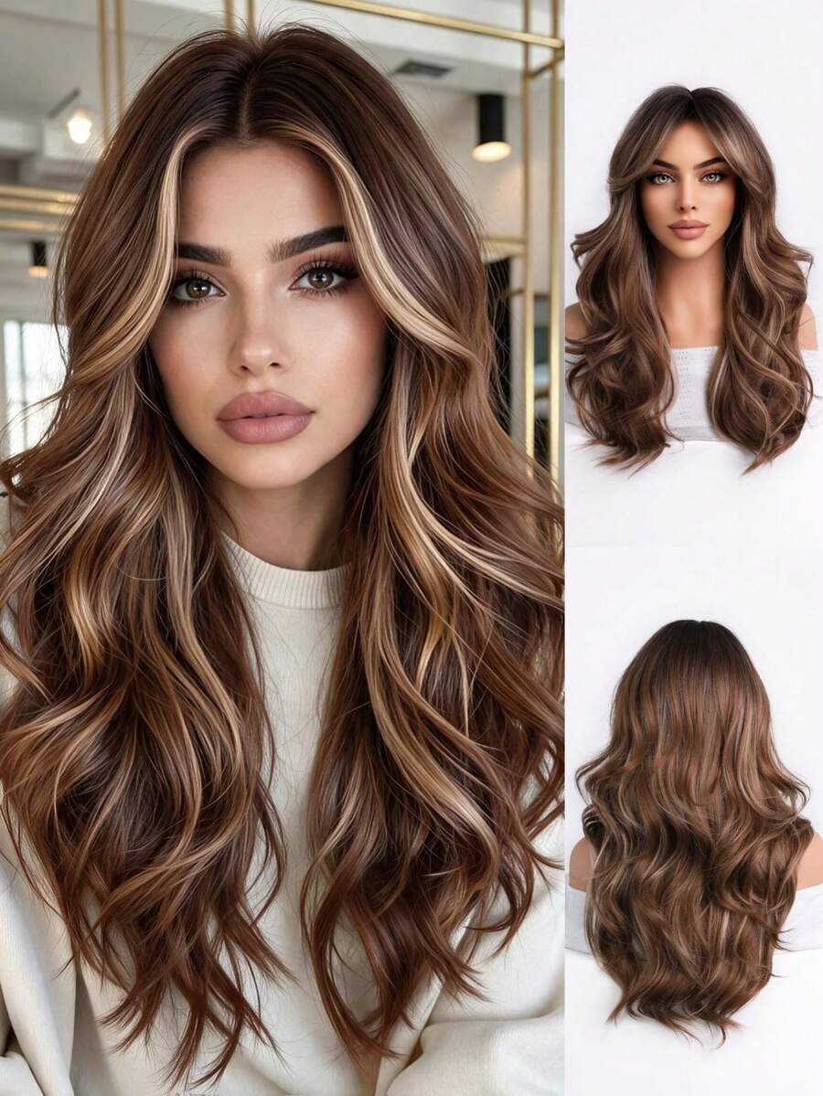 18‑Inch Long Wavy Wig With Brown‑Gold Highlights, Breathable Mesh‑Cap High‑Temperature‑Resistant Synthetic Wig, Suitable For Daily Commuting, Halloween And Christmas Parties - Multicolor - View 1
