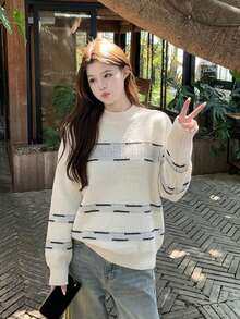 Autumn/Winter Sweet & Cool Round Neck Striped Patchwork Women's Sweater - Apricot - View 3