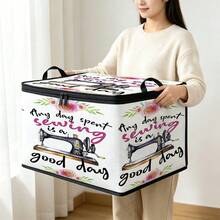 1PC Foldable TNT Storage Box, Floral Vintage Sewing Machine Slogan Print Any Day Spent Sewing Is A Good Day, Zipper Lid With Handles, Collapsible Storage Bin For Sewing Supplies Fabric Craft Home Organizer - Multi-color - View 3