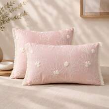 1 pieza Funda de cojín de terciopelo estilo francés con bordado de hojas florales & bordes con flecos, funda de almohada decorativa botánica vintage para sofá, dormitorio, sala de estar, decoración acogedora para otoño e invierno - Rosa claro - Ver 2