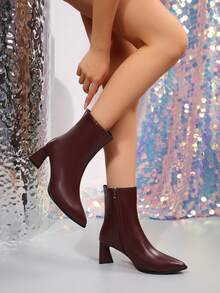 2024 New Women's Chunky High Heel Elastic Slim Sock Boots Mid-Calf Ankle Boots - Burgundy - View 5