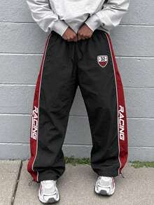 Men's Contrast Color RACING Letter Wide Leg Parachute Pants, Drawstring Elastic Waist, No. 32 Racing Shield Badge Print, Drawstring Hem Sports Long Pants - Black - View 2
