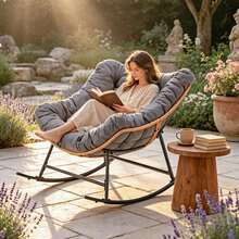 Oversized Papasan Egg Rocking Chair, Extra Thick Cushion Rocking Lounger, Indoor‑Outdoor Comfy Rocker Chair For Balcony Garden Living Room - Grey - View 2