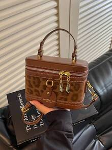 New Vintage Fashion Leopard Print PU Box-Shaped Handbag With Luxurious Gold-Embossed Letters-Women's Shoulder Bag And Wallet - Brown - View 8