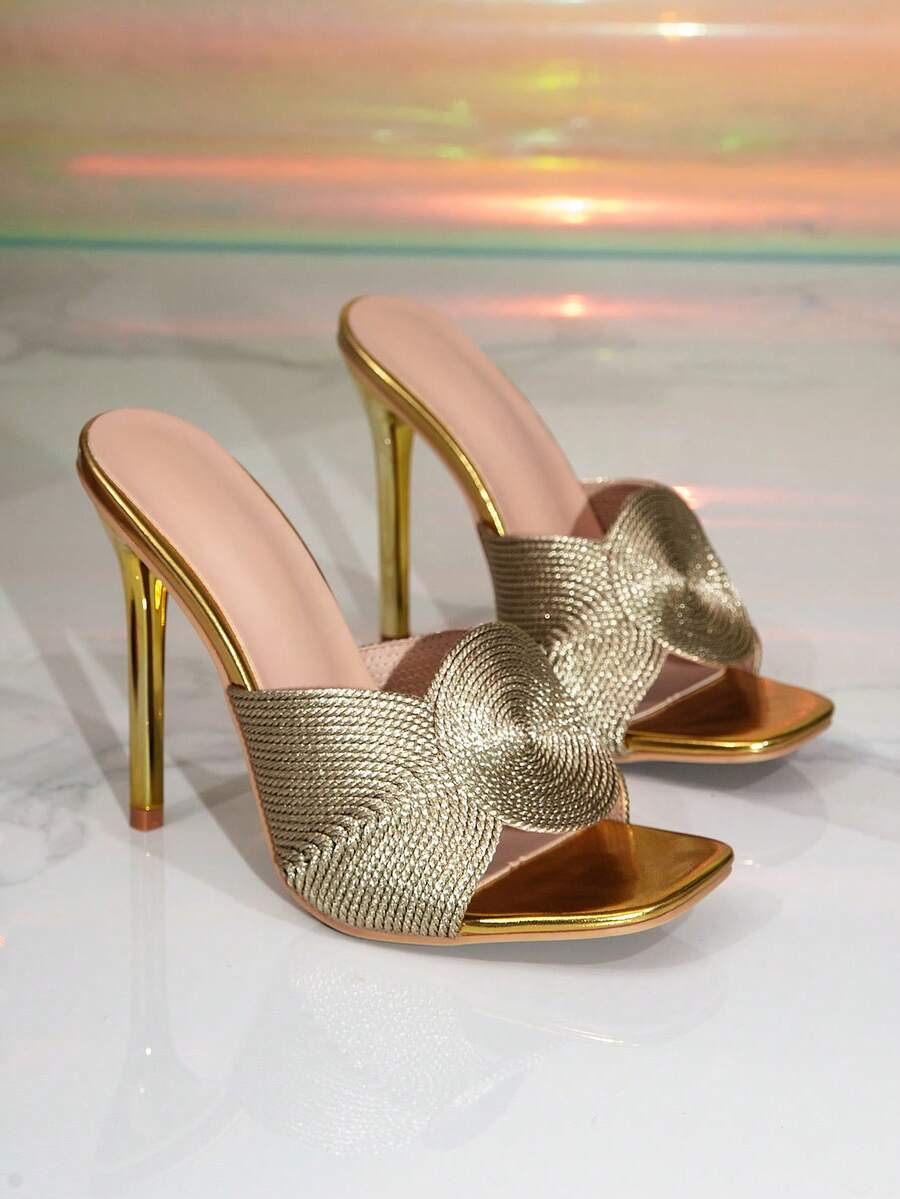 Women's Gold Woven Spiral Decor Square Toe Stiletto Heel Mule Slides, Party Wedding Evening Banquet Slip-On High Heel Sandals - Gold - View 1