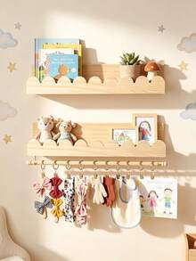 2pcs Nursery Floating Shelves With Rod, Headband & Bow Storage Rack, Wall-Mounted Wooden Shelf, Nursery Wall Decor, Home Storage, Bathroom Storage Decor - Multicolor - View 3