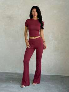 Women's Autumn Fashion Solid Color Casual Ribbed Short Sleeve Top And Straight Leg Pants 2 Pieces Set - Burgundy - View 2