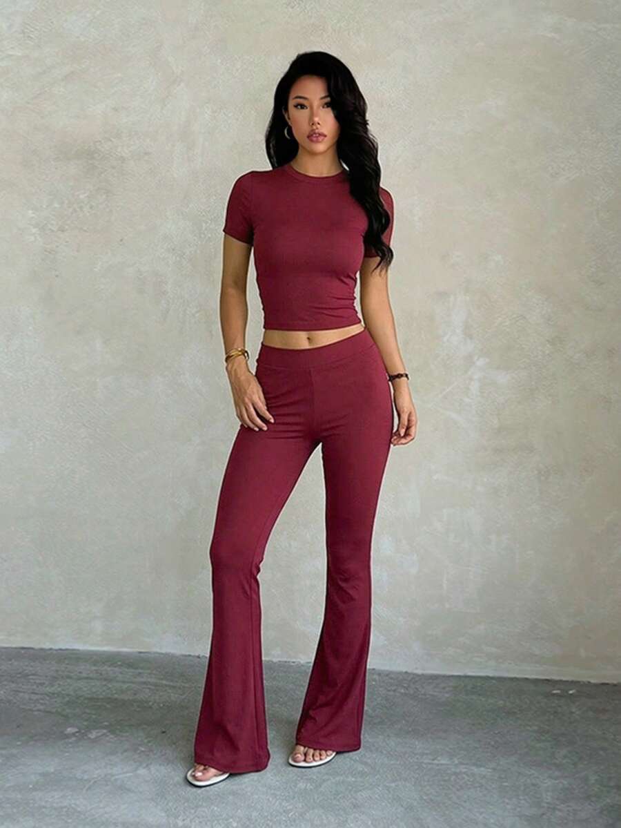 Women's Autumn Fashion Solid Color Casual Ribbed Short Sleeve Top And Straight Leg Pants 2 Pieces Set