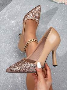 Women Nude Patent PU Stiletto Heel Pumps, Glitter Sequins Pointed Toe Party Dress Shoes - Apricot - View 5