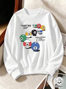 Women's Casual Loose Fit Cotton Crew Neck Sweatshirt With Colorful Billiard Graphic And Slogan Print, Long Sleeve Pullover For Spring - White - View 9