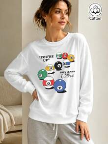 Women's Casual Loose Fit Cotton Crew Neck Sweatshirt With Colorful Billiard Graphic And Slogan Print, Long Sleeve Pullover For Spring - White - View 4