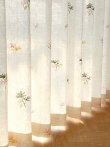 1pc Linen Embroidered White Floral Fresh Fashion Gauze Curtain, Floral Pattern, Rod Pocket Design, Suitable For Living Room And Bedroom - Transparent And Light Filtering Curtain, Living Room Curtain, Bedroom Curtain - Multicolor - View 7