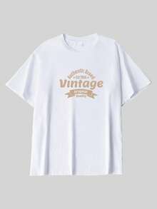 1pc Men's Vintage Distressed Letter Badge Print T-Shirt, White Crew Neck Short Sleeve Pullover, Versatile Style - Holiday Gift - White - View 3
