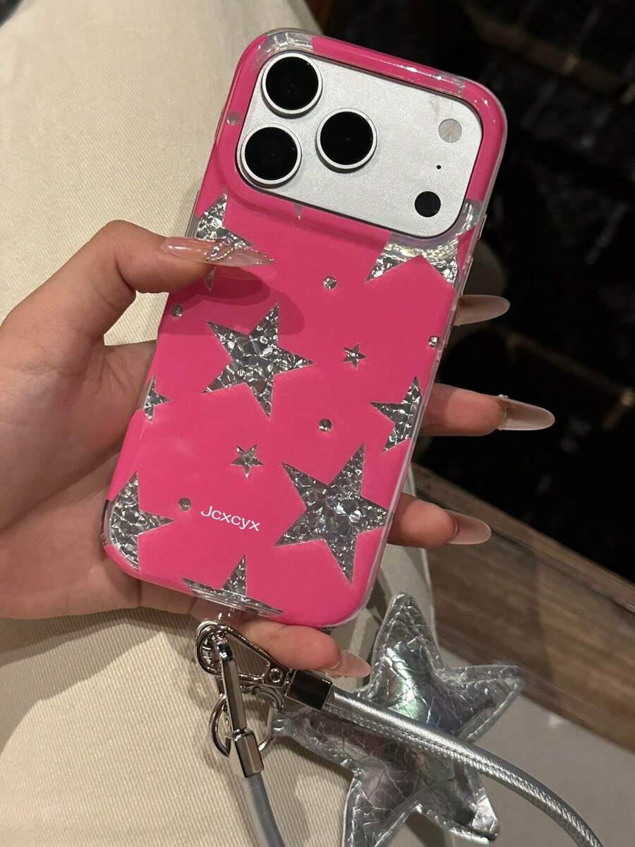 Premium Laser Full Screen Star Polka Dot Blingbling Irregular Rhinestone Sequin Pattern Phone Case Compatible With IPhone 18 Pro Max 18 Pro 17 Pro Max 16 Pro Max 15 Pro Max 14 Pro Max 13 Pro Max 12 Pro Max 16 Plus 11 Y2K Hanging Rope Lanyard Soft Cover - Hot Pink - View 1