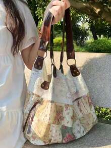 Floral Plaid Pattern Lace Patchwork Decor Soft Tote Bag, Relaxed Silhouette, Mori Style, Suitable For Campus, Outings, Shopping, Travel, Artistic Vibe, Large Capacity Shoulder Bag - Green - View 6
