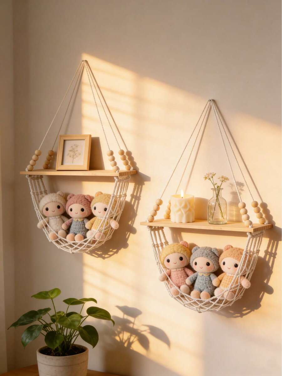 Kệ treo tường đan, kệ nổi phong cách Bohemian với giỏ lưới dây thừng cotton, kệ lưu trữ treo tường phù hợp cho búp bê, trái cây và rau củ, trang trí tường mộc mạc, phù hợp cho phòng ngủ, nhà bếp, phòng khách và phòng trẻ em - Xem 1