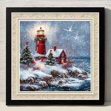 1PC DIY 5D Diamond Painting Kit Christmas Theme Lighthouse Pattern - Round Full Diamond Art Mosaic Craft, Home Wall Decor, Unframed - No Frame - View 3