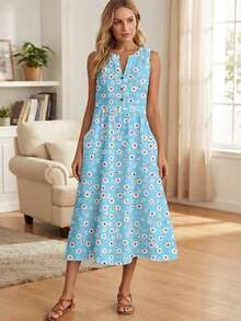 Women's Daisy Print Blue Casual Dress, Suitable For Vacation And Daily Wear In Spring/Summer Elegant - Baby Blue - View 1