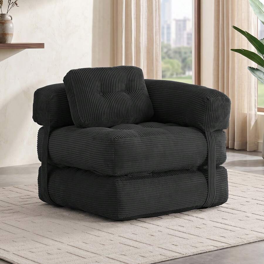 L-Shaped Corduroy Folding Sofa Bed, Multi-Functional Convertible Lazy Sofa For Small Spaces - Black - View 1