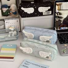 Cute 3D Wing Decor Star Pattern Pencil Pouch, Zipper Canvas Stationery Storage Bag, Back‑To‑School Supplies For School Girls - Star Pencil Case - View 3